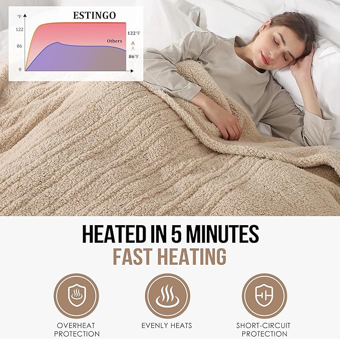 ESTINGO Full Size Heated Blanket, Heating Blanket Full Size with 6 Heating Levels & 1-10 Hours Adjustable Timer, Full Body Warming Sherpa Fast Heating for Bedding, 72"X84", Milk Coffee
