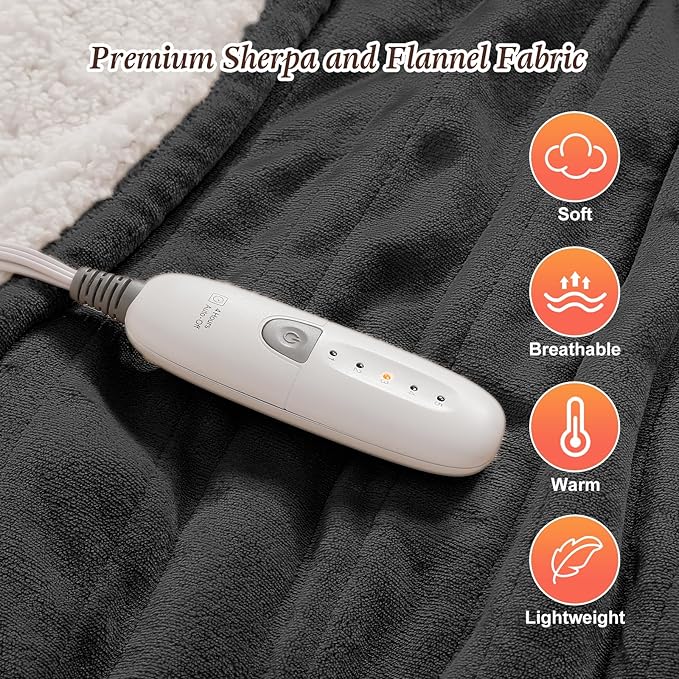 Electric Throw Blanket 50''x60'' Heated Throw, ETL Certified Heat Blankets Electric with 5 Heating Levels & 4-hr Timer, Flannel & Sherpa Throw Heated Blankets, Machine Washable (Charcoal Gray)
