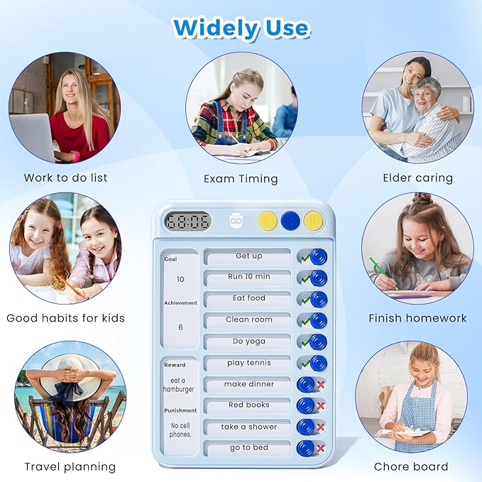 Magnetic Chore Chart for Kids with Timer, Visual Schedule for Kids, ADHD Tools to Do List, Checklist with 99-Min Countup/Countdown Chore Board with Sliders & Dry-Erase Sheets (Blue)