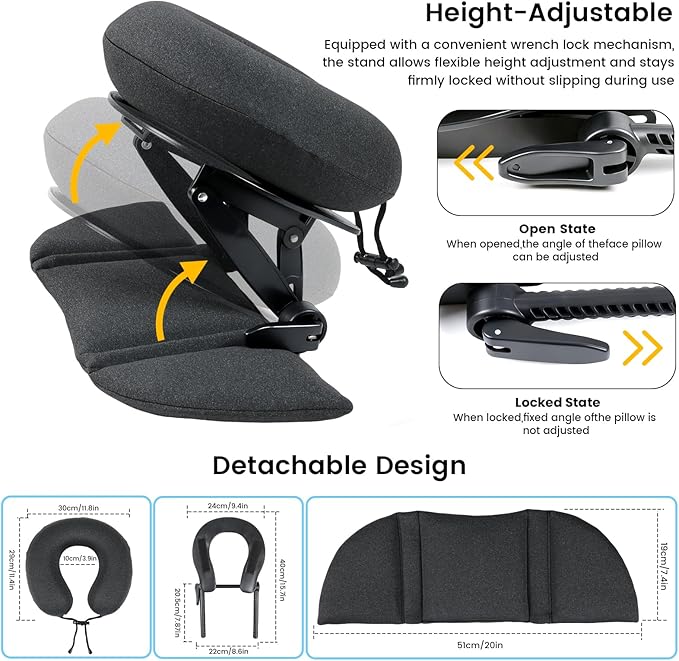 Intelligent Support Memory Foam Pillow，Adjustable Massage Pillow – Multi-Use Ergonomic Neck Pillow for Office Naps,Travel, Recliner Headrest – Portable (Black Pillow+Black Plastic Stand)