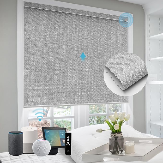 SmartWings Motorized Roller Shades Work with Homekit, Alexa Google, 100% Blackout Smart Blinds for Windows, Cordless Remote Control Window Shades, Vigor Pale Grey, Customized Size