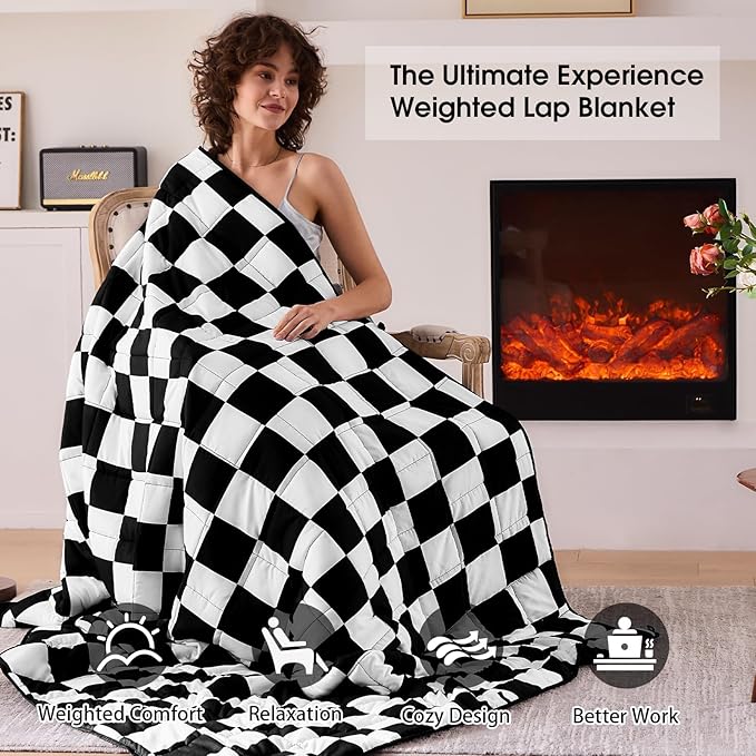 Black Checkered Weighted Blanket for Adults 12lbs, 60"x80" Queen Size, Cooling Heavy Blanket for 110-130lbs with Premium Glass Beads, Soft Thick Big Blankets for All-Season Sleeping Comfort Breathable