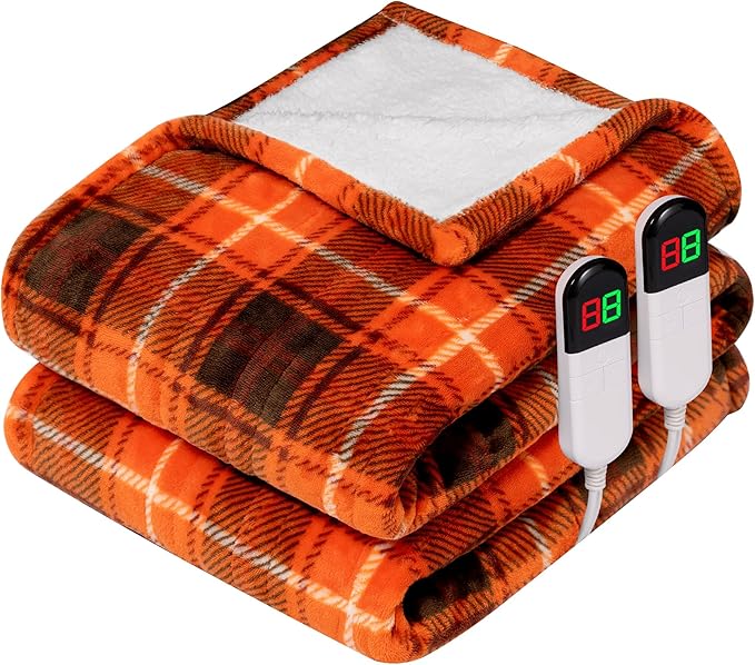 Electric Heated Blanket 84"x90",Fast Heating Queen with 8 Hours Auto Off/8 Heats Levels,Soft Orange Plaid Sherpa Electric Blanket with ETL Certification & Over-Heat Protection