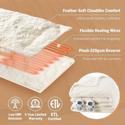 Serta Heated Blanket, Electric Queen Size Blanket, Soft, Warm, Fuzzy Heating Blanket Queen for Office, Couch, 1-12 hr Auto Shut Off Timer, 10 Lv Heat Setting, ETL Certified, Queen 84" x 90" Ivory