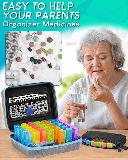 Monthly Pill Organizer 2 Times a Day with Weekly Pill Bags, Portable Hard Shell Case, Pill Cutter & Opener Pick, Monthly and Weekly Stickers for Medication Management (Blue, 2 Times a Day)