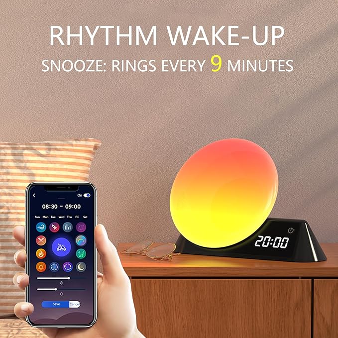 Smart Sunrise Alarm Clock, Wake Up Light with APP & Remote Control, 12 Soothing Sounds Machine, 9 Dynamic RGB Light Scenes, Sleep Aid & Dual Alarms for Heavy Sleepers, Ideal for Gift