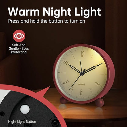 Analog Alarm Clock, 4 inch Super Silent Non Ticking Small Clock with Night Light, Battery Operated, Simple Design, Old Fashioned Style Wine-red Decor, for Bedroom, Bedside, Desk, Adult, Kid, Gift, Red