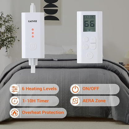 GarveeHome Queen Heated Comforter Electric Blanket, 90"*90" Waffle Weave Heating Blanket with Wireless LCD Controller, 6 Heat Levels & 2-10H Time Settings, UL Certified, Grey