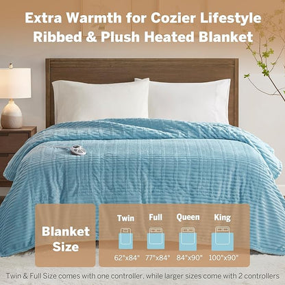 Serta Electric Blanket, Soft, Ribbed, Plush Heating Blanket Twin for Office, Couch, 1-12 hr Auto Shut Off Timer, 10 Lv Heating, ETL Certified, Twin 62"x84" Sky Blue