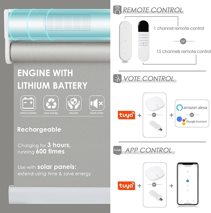 Allesin Motorized Roller Shade Blinds Compatible with Alexa for Window, 70% Blackout Smart Shades Cordless with Remote Control, Electric Automated Blinds, Customized Size, Lithium Battery Motor(Grey)