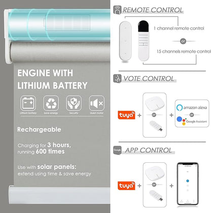 Allesin Motorized Roller Shade Blinds Compatible with Alexa for Window, 70% Blackout Smart Shades Cordless with Remote Control, Electric Automated Blinds, Customized Size, Lithium Battery Motor(Grey)