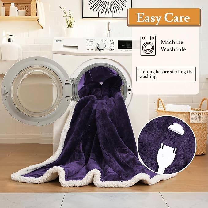 Electric Heated Blanket 50"x60" Throw Size Flannel & Sherpa - 4 Heat Settings & 3H Auto Shut Off, Fast Heating, Machine Washable for Bed, Couch, Office - Purple