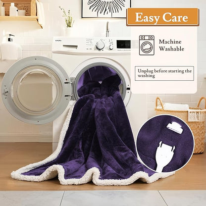 Electric Heated Blanket 72"x84" Full Size Flannel & Sherpa - 4 Heat Settings & 10H Auto Shut Off for Safe Overnight Use, Fast Heating, Machine Washable for Bed, Couch, Office - Purple