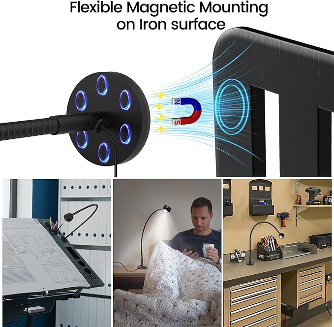 Flexible Reading Light,Book Light,Desk Lamp,Magnetic Base,3 Color Dimmable LED for Bed Reading, Working, Studying, Crafting, Book Lovers Gifts, CRI95+ USB-C Adapter Included