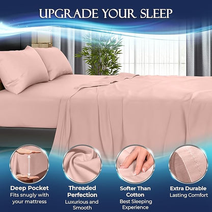 DECOLURE Cooling Sheets Full Set 4pcs - Luxurious & Ultra-Soft Full Size Cooling Sheets for Hot Sleepers - Comfortable Bamboo Viscose Microfiber Full Cooling Bed Sheets w/Deep Pockets (Pink)
