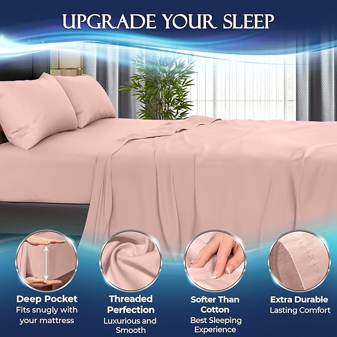 DECOLURE Cooling Bed Sheets King Set 4pcs - Luxurious & Ultra-Soft King Size Cooling Sheets for Hot Sleepers - Comfortable & Cool Bamboo Viscose Microfiber Sheets King Size w/Deep Pockets (Pink)