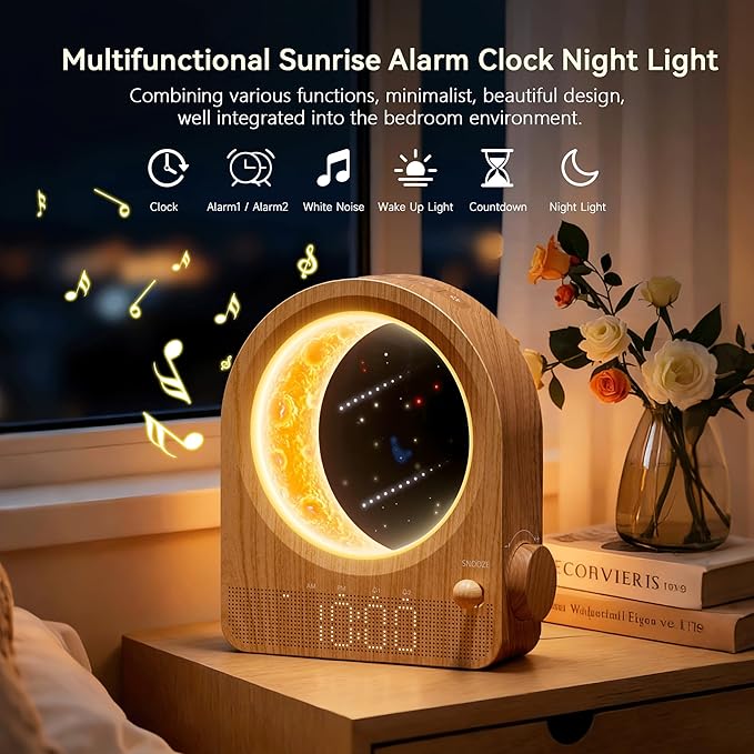 Sunrise Alarm Clocks with Dimmable Moon Lamp, 2 Alarm Clocks with 12Levels Volume for Heavy Sleepers, 10 Natural Sounds with 30/60/90mins Timer for Bedrooms, Gifts for Women (Brown Woodgrain)