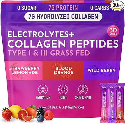 Keto Vitals Collagen Powder for Women Plus Electrolytes - 30 Travel Packets - 7.78G of Type I & III Grass Fed Hydrolyzed Collagen Peptides & 7G Protein Per Stick - Colageno Hidrolizado for Women