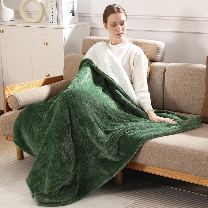 Electric Throw Blanket Heated Throw 50''x60''- Wheat Pattern Flannel & Sherpa Heated Lap Blanket with 5 Heat Settings & 4-Hour Auto Shut-Off, ETL & FCC Certified, Machine Washable Home Use, Green