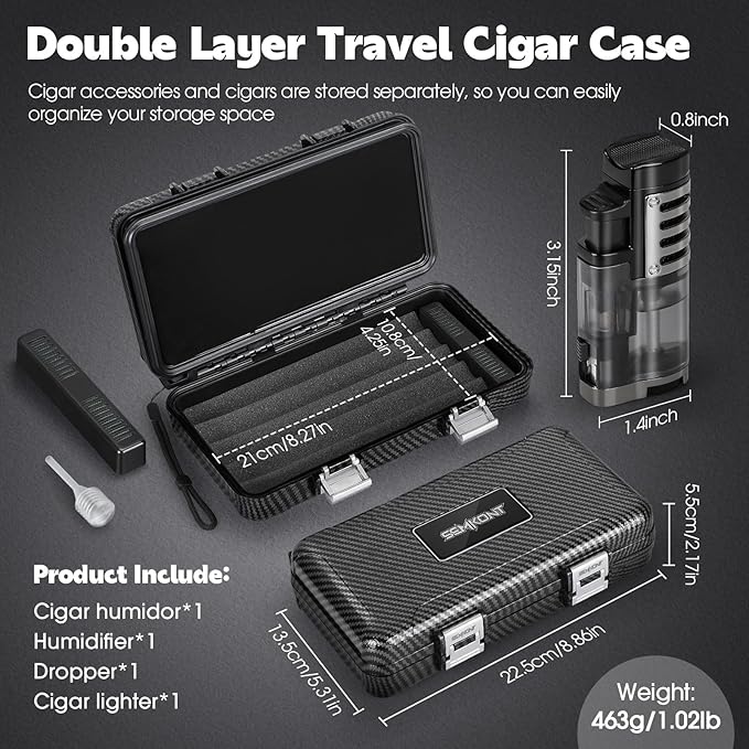 Cigar Humidor, Portable Travel Cigar Box, Double Cigar Humidor with Separate Storage for Cigar Accessories, Cigar Travel Case with Cigar Lighter(No Butane), Holds 5 Cigars (Carbon Fiber)