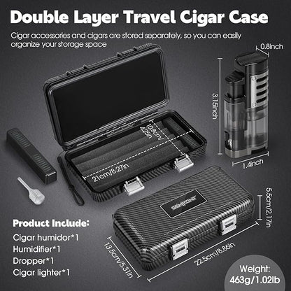 Cigar Humidor, Portable Travel Cigar Box, Double Cigar Humidor with Separate Storage for Cigar Accessories, Cigar Travel Case with Cigar Lighter(No Butane), Holds 5 Cigars (Carbon Fiber)