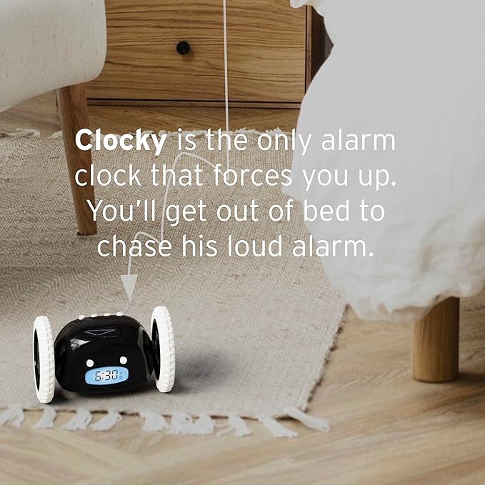 CLOCKY Alarm Clock on Wheels – Loud Rolling Alarm Clock for Heavy Sleepers | Runaway Clock That Jumps & Runs to Wake You Up | Funny Unique Gift for Adults, Teens & Kids Bedrooms (Black)