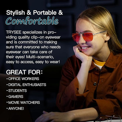 Trysee Square Clip-On Flip-Up Blue Light Blocking Glasses for Eyes Strain/Light Sensitive TS1008