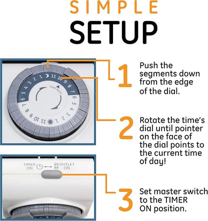 GE Mechanical Grounded Outlet Timer, Dual Plugs with 3 Prongs, 24 Hour Cycle, Indoor Use for Lights, Lamps, Fans, Appliances, Christmas Tree, 1 Pack, 15075