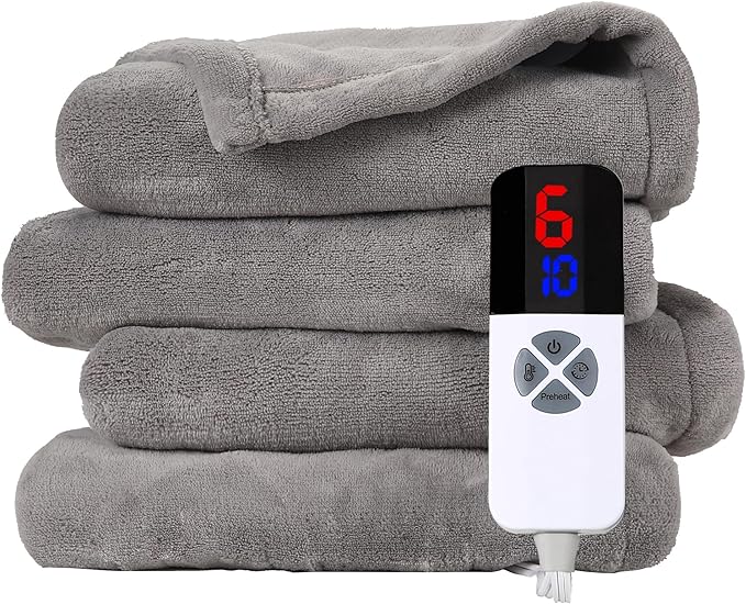 ESTINGO Heated Blanket Full Size - 72"x84" Full Size Electric Blanket with Preheat Function & Overheat Protection, 6 Heating Levels Heated Blanket with 1-10 Hours Adjustable Timer, Light Gray
