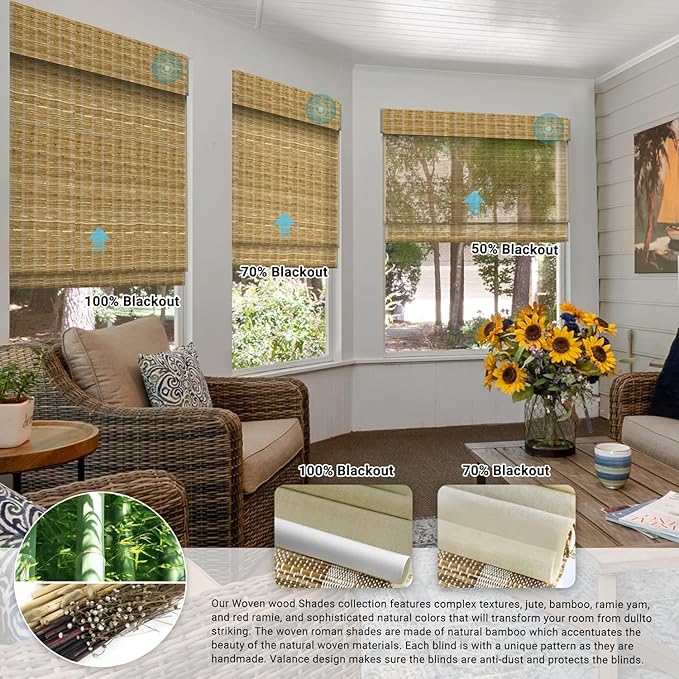 SmartWings Motorized Natural Woven Wood Shades for Windows, Electric Roman Shades with Remote for Bedroom Living Room, Work with Matter Zigbee Alexa Z-Wave Google Home, Customized, Bamboo Jute 903