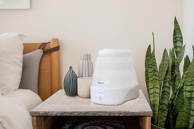Crane x HALLS Collapsible Cool Mist Humidifier for Bedroom and Office, 1 Gallon Portable Humidifier for Travel and Easy Storage, Blue and White