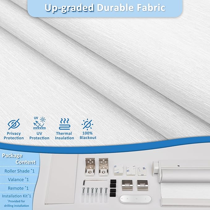 Smart Motorized Blinds with Remote, Cordless No-Drill Automatic Roller Shades, Blackout Electric Blind for Windows, White, 30 x 72