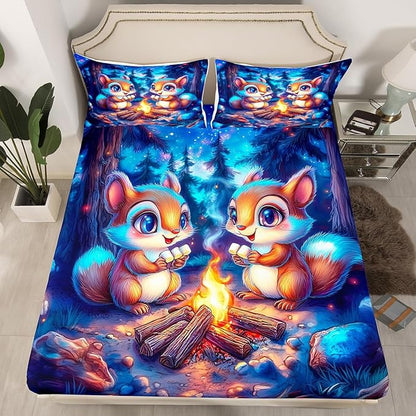 Kawaii Squirrel Kids Fitted Sheet Queen Size,Starry Sky Adventure Camping Campfire Bedding Set,Boys Girls Room Decor,Cartoon Jungle Animal Rustic Bed Cover,Blue Bed Sheet,2 Pillowcases(No Top Sheet)