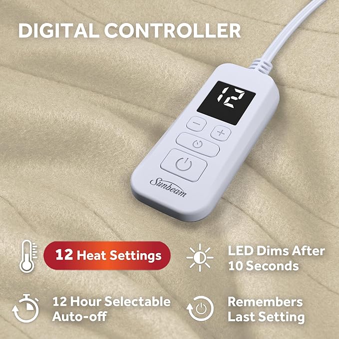 Sunbeam Royal Ultra Fleece Heated Electric Blanket Twin Size, 84" x 62", 12 Heat Settings, 12-Hour Selectable Auto Shut-Off, Fast Heating, Machine Washable, Warm and Cozy, Pebble