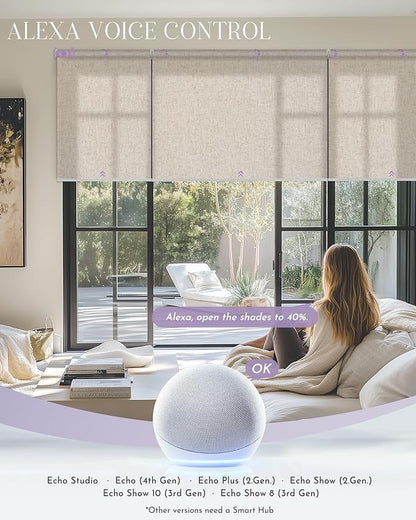 Graywind Smart Coupled Roller Shades Compatible with Alexa Google Custom Size Extra Large Motorized Blinds for Windows(Linen Beige)