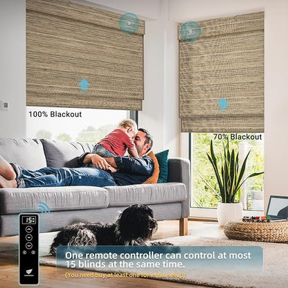 SmartWings Motorized Natural Woven Wood Shades for Windows Work with Matter Thread Homekit Z-Wave Alexa Google, 50%/70%/100% Blackout Electric Roman Shades Cordless with Remote, Customized, Kenaf 016