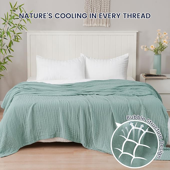 PHF Cooling Muslin King Blanket for Hot Sleepers, 60% Rayon Derived from Bamboo, 40% Cotton for Summer, 4-Layer Breathable Gauze Blanket for Bed Couch, 108"x90", Sage Green