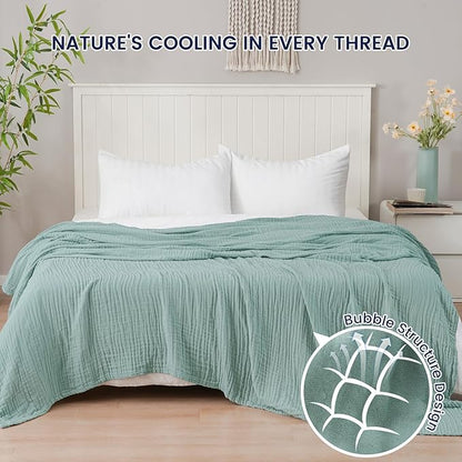 PHF Cooling Muslin King Blanket for Hot Sleepers, 60% Rayon Derived from Bamboo, 40% Cotton for Summer, 4-Layer Breathable Gauze Blanket for Bed Couch, 108"x90", Sage Green