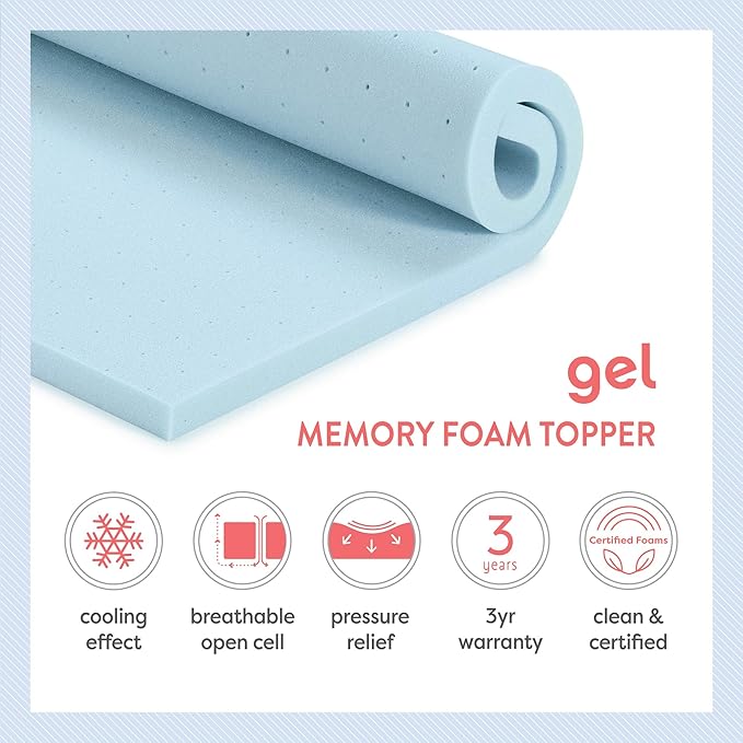 Best Price Mattress 1.5 Inch Ventilated Memory Foam Mattress Topper, Cooling Gel Infusion, CertiPUR-US Certified, Dorm Essentials, Short Queen