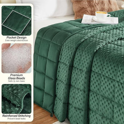 Weighted Blanket for Adults Queen Size 15 lbs, Soft Minky Dot Cozy Heavy Blanket for Sleep, Reversible Breathable Warm Blanket with Glass Beads, Dark Green 60 x 80 inches