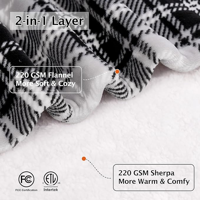 Electric Heated Blanket 62"x84",Fast Heating Twin with 8 Hours Auto Off/8 Heats Levels,Soft Grey Plaid Sherpa Electric Blanket with ETL Certification & Over-Heat Protection