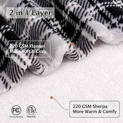 Electric Heated Blanket 50"x60",Fast Heated Throw with 8 Hours Auto Off/8 Heats Levels,Soft Grey Plaid Sherpa Electric Blanket with ETL Certification & Over-Heat Protection