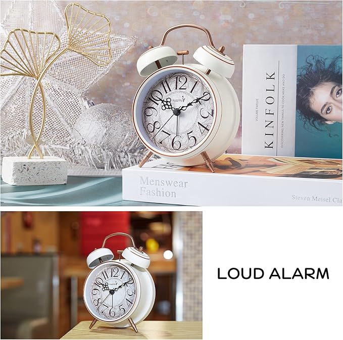 Loud Alarm for Deep Sleepers 4'' Retro Twin Bell Alarm Clock with Backlight for Bedroom and Home Decoration(Retro White)