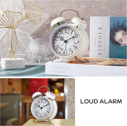 Loud Alarm for Deep Sleepers 4'' Retro Twin Bell Alarm Clock with Backlight for Bedroom and Home Decoration(Retro White)