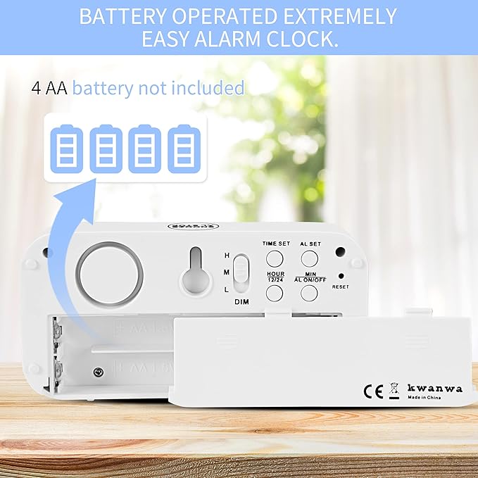 KWANWA 12 Inch Large Display Digital Alarm Clock for Kids & Adults, Dimmable LED Clock with Adjustable Brightness, Easy Snooze, Battery Operated Cordless Desk Clock for Bedroom, Kitchen, (White