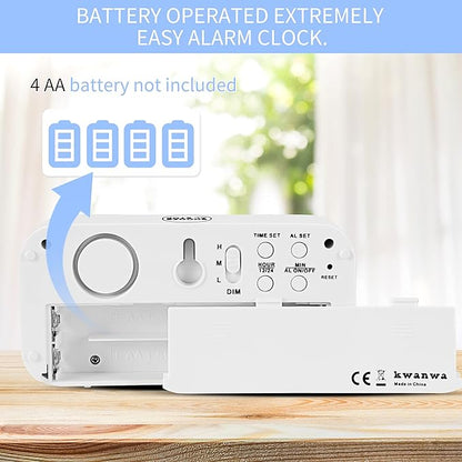 KWANWA 12 Inch Large Display Digital Alarm Clock for Kids & Adults, Dimmable LED Clock with Adjustable Brightness, Easy Snooze, Battery Operated Cordless Desk Clock for Bedroom, Kitchen, (White