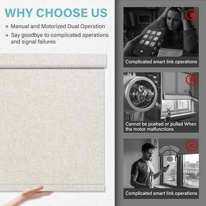 BERISSA Motorized Blinds with Remote,No Drill Dual-Control(Manual + Remote) Electric Roller Blinds for Indoor Windows,Linen Fabric,Automatic Shades for Windows Home Office,Custom Color,Custom Size