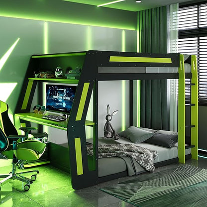 Gaming Bunk Bed Full Size with Desk & Charging Station & RGB Light Strip & Storage Shelves,Wooden Full Bunk Bed Frame with Safety Guardrails,Ladder and Under-Bed Space for Adults Teens Bedroom,Green