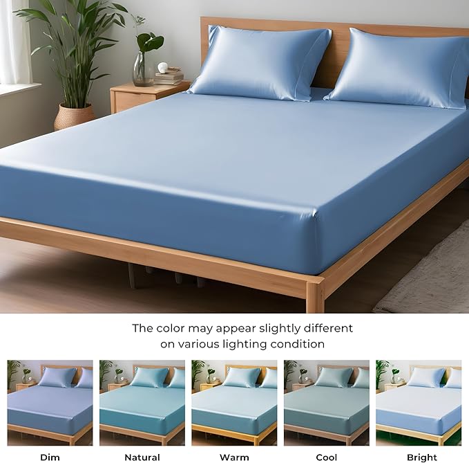 LINENWALAS Fitted Sheet Only Viscose Derived from Bamboo, Bottom Sheet for California King Size Bed – 16” Deep Pocket, Snug Fit – Cooling, Breathable, Soft, Hypoallergenic (Bahamas Blue, Cal King)