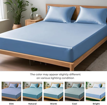 LINENWALAS Fitted Sheet Only Viscose Derived from Bamboo, Bottom Sheet for California King Size Bed – 16” Deep Pocket, Snug Fit – Cooling, Breathable, Soft, Hypoallergenic (Bahamas Blue, Cal King)